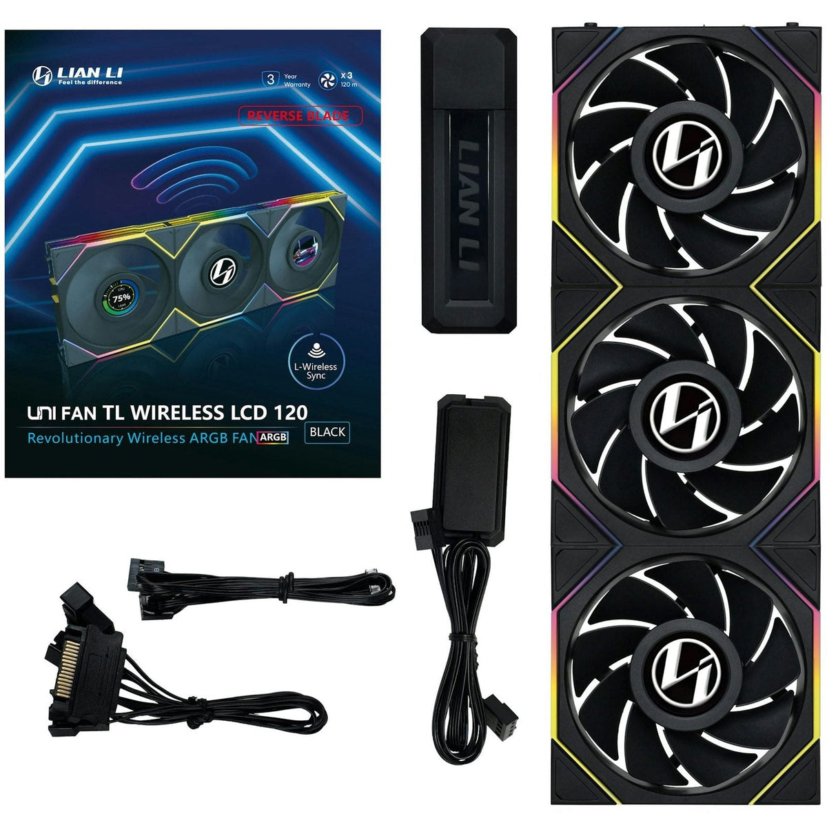Lian-Li UNI FAN TL120 LCD Wireless Reverse ARGB Black 120mm Triple Pack